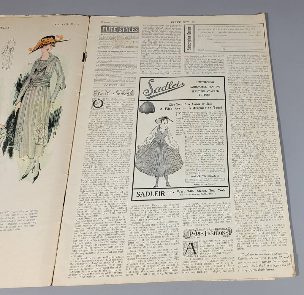 Elite Styles, 1918 October Dressmaker Tailor Fashion Magazine Catalog Ladies