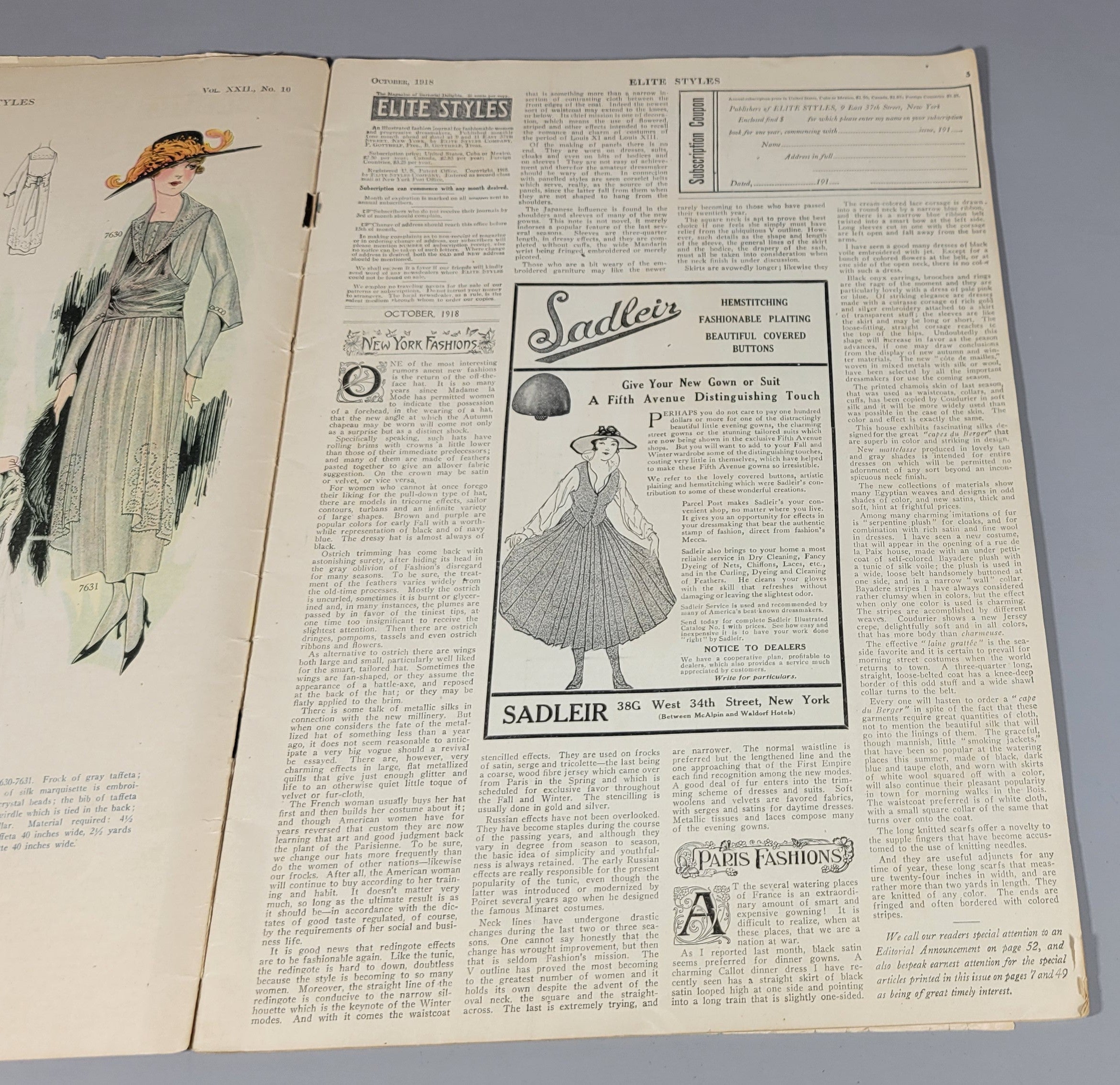 Elite Styles, 1918 October Dressmaker Tailor Fashion Magazine Catalog Ladies