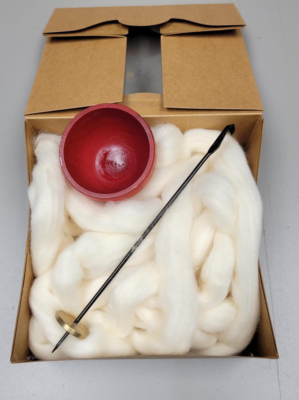 Spin Cotton Fiber Kit. Natural Upland Cotton Sliver. Hand-Painted Wood Support Bowl and Brass Tahkli Spindle. SK39