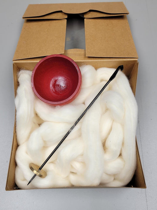 Spin Cotton Fiber Kit. Natural Upland Cotton Sliver. Hand-Painted Wood Support Bowl and Brass Tahkli Spindle. SK39