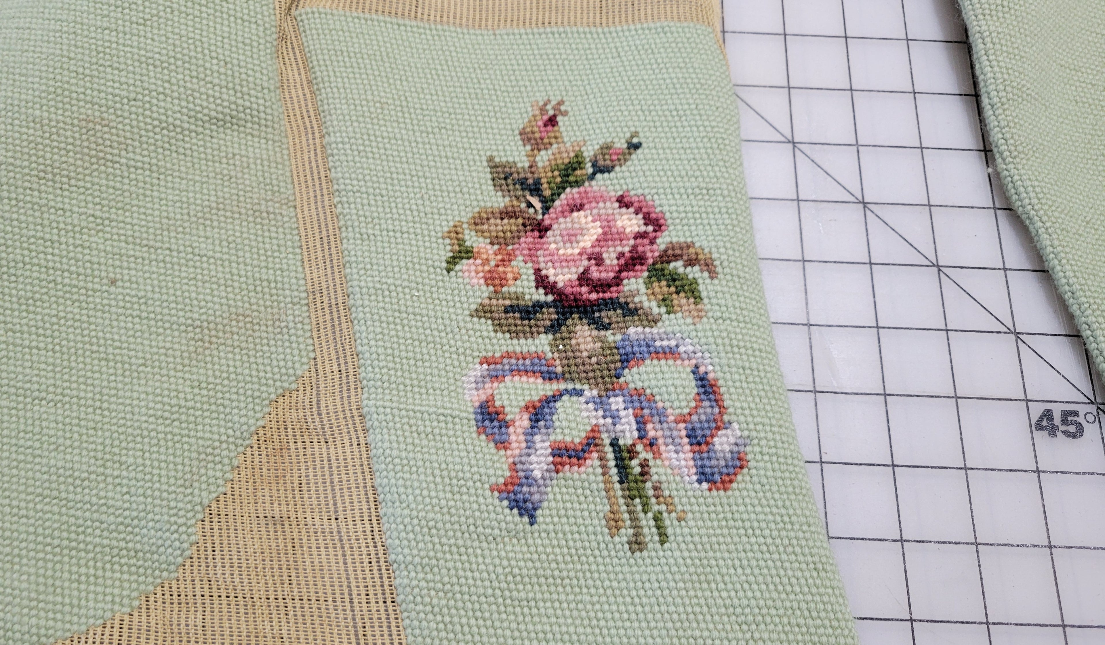 Vintage Textile Needlepoint Seat Cover Set Hand Stitched