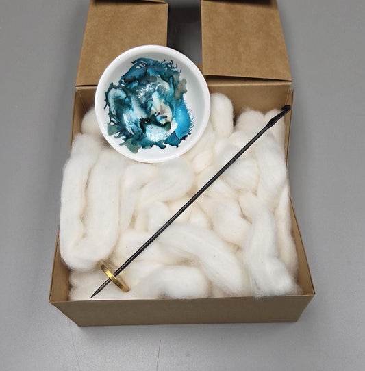 Cotton Fiber Kit. Natural Upland Cotton. Hand-Painted Porcelain Support Bowl and Brass Tahkli Spindle. (SK38)