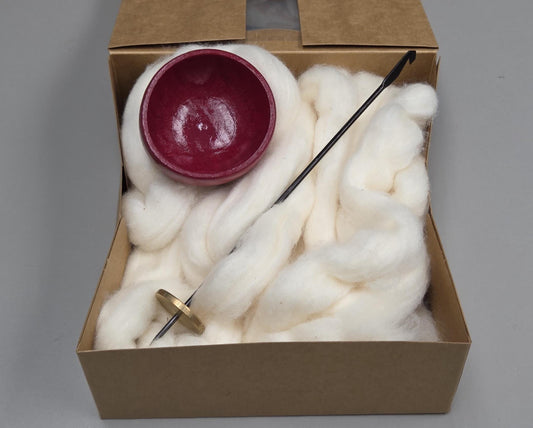 Spin Cotton Fiber Kit. Natural Upland Cotton Sliver. Hand-Painted Wood Support Bowl and Brass Tahkli Spindle. SK27 Red