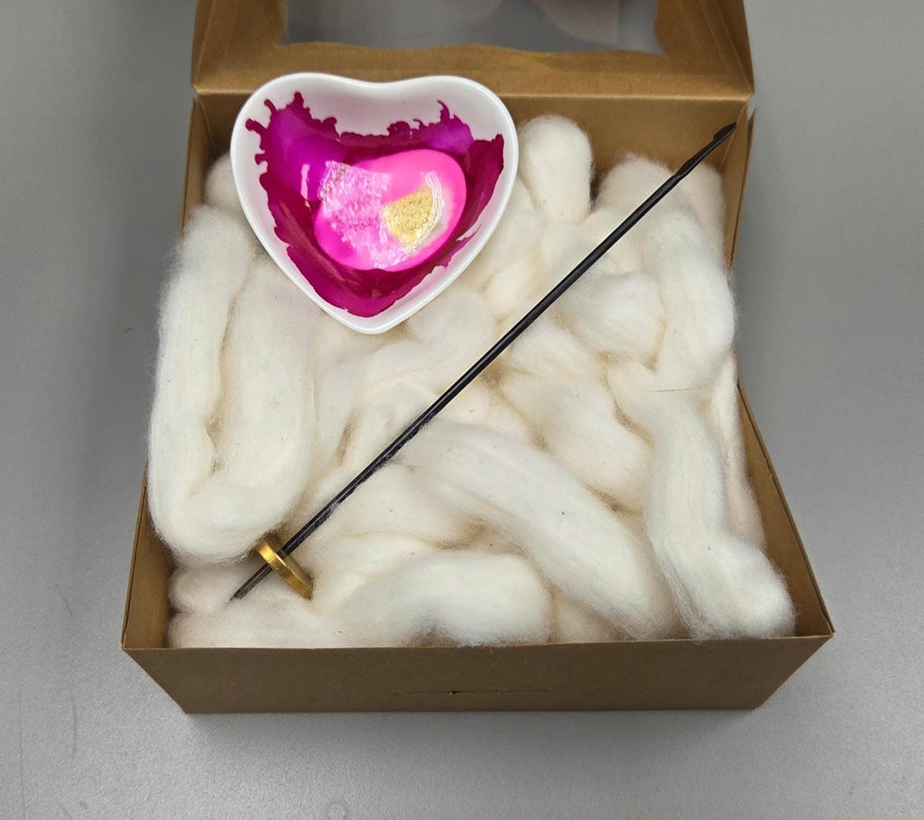 Cotton Fiber Kit. Natural Upland Cotton. Hand-Painted Porcelain Support Bowl and Brass Thakli Spindle. (SK91)