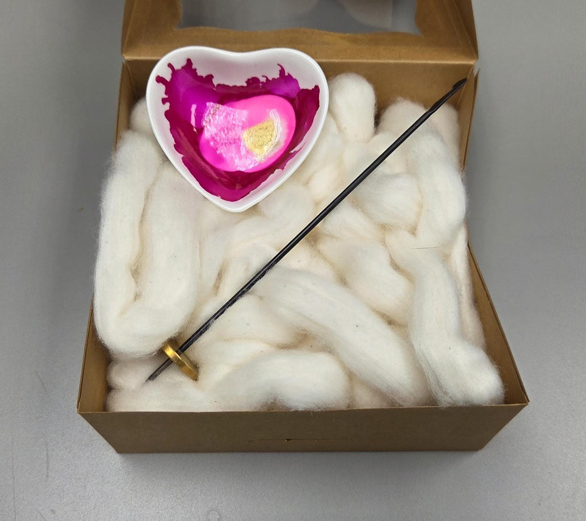 Cotton Fiber Kit. Natural Upland Cotton. Hand-Painted Porcelain Support Bowl and Brass Thakli Spindle. (SK91)