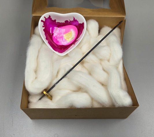 Cotton Fiber Kit. Natural Upland Cotton. Hand-Painted Porcelain Support Bowl and Brass Thakli Spindle. (SK91)