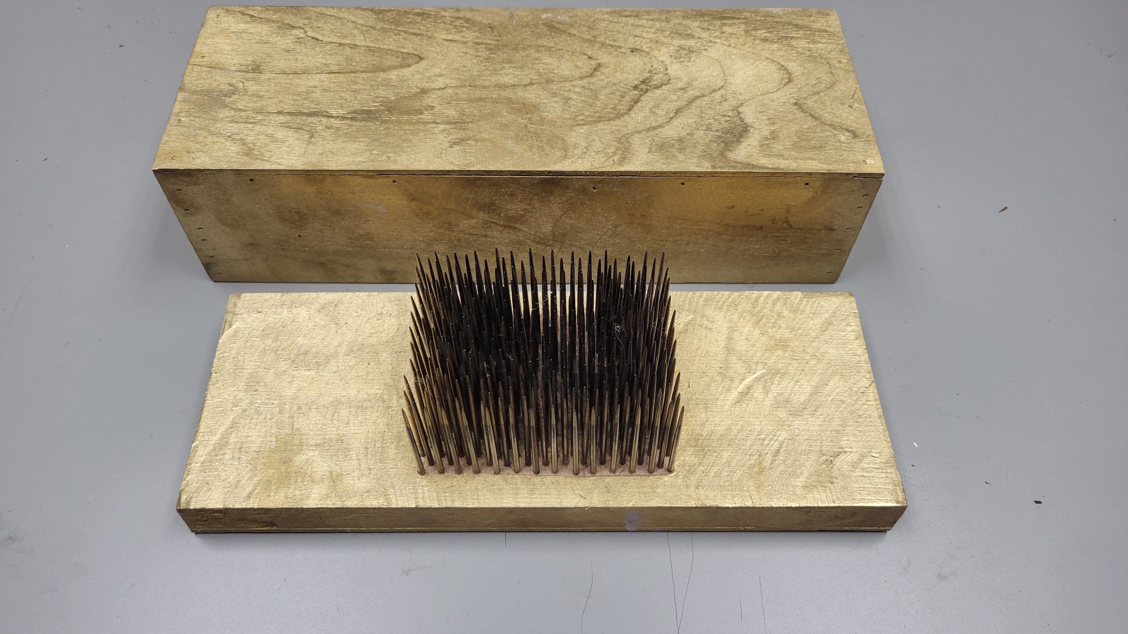 Flax & Hemp Hatchel with Lid. Custom Made Wood for Combing Fibers. Gold Color.