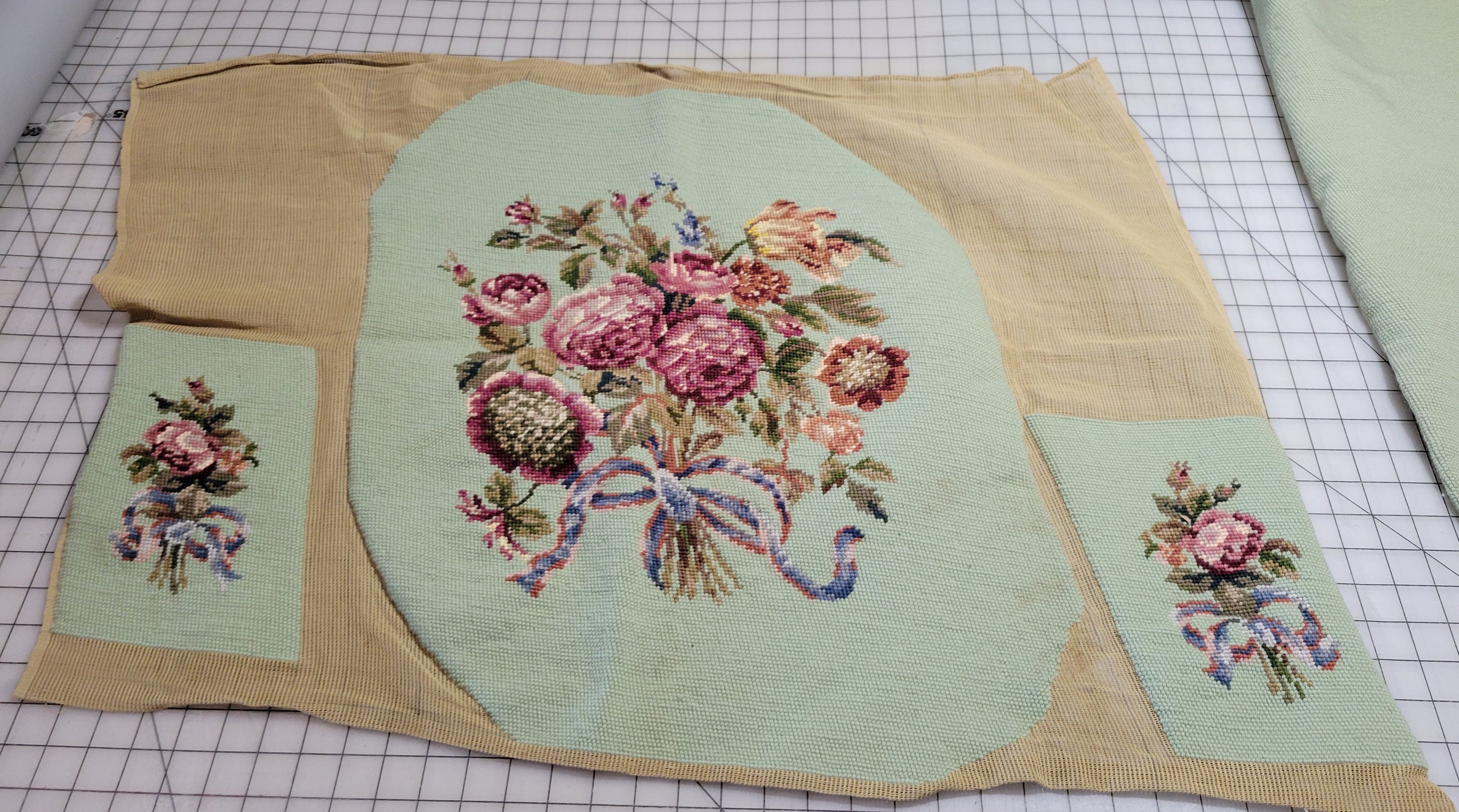 Vintage Textile Needlepoint Seat Cover Set Hand Stitched