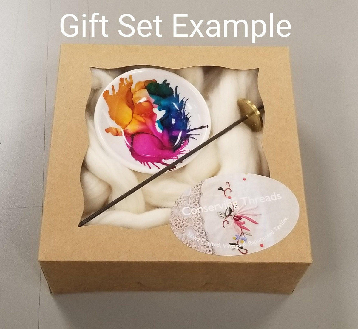 Spin Cotton Fiber Kit. Painted Wood Support Bowl & Brass Thakli Spindle. Red