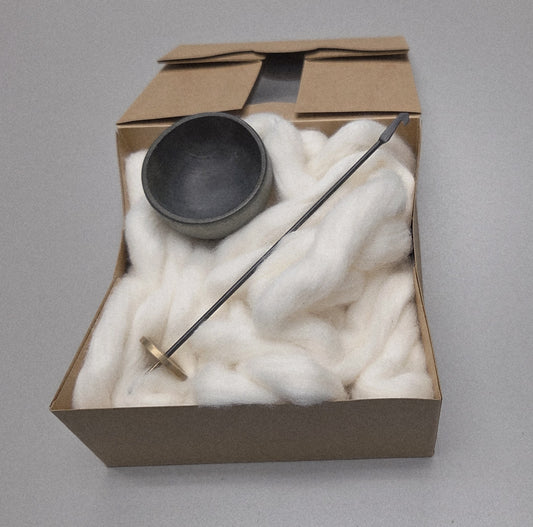 Spin Cotton Fiber Kit. Painted GRAY Wood Support Bowl & Brass Thakli Spindle.