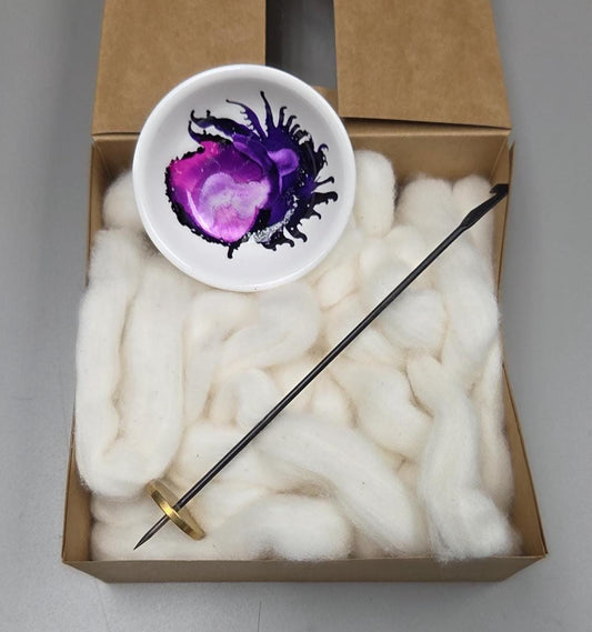 Cotton Fiber Kit. Natural Upland Cotton. Hand-Painted Porcelain Support Bowl and Brass Tahkli Spindle. (SK29)