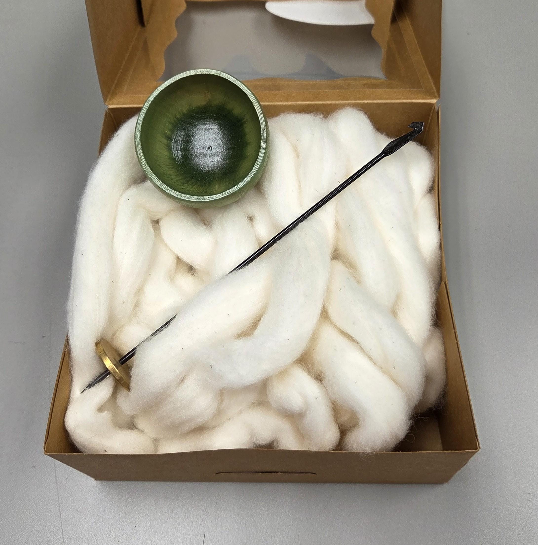 Spin Cotton Fiber Kit. Natural Upland Cotton Sliver. Hand-Painted Wood Support Bowl and Brass Tahkli Spindle. Light Green