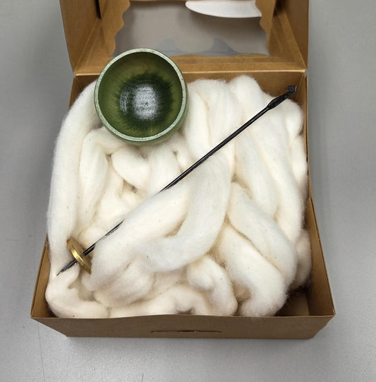 Spin Cotton Fiber Kit. Natural Upland Cotton Sliver. Hand-Painted Wood Support Bowl and Brass Tahkli Spindle. Light Green