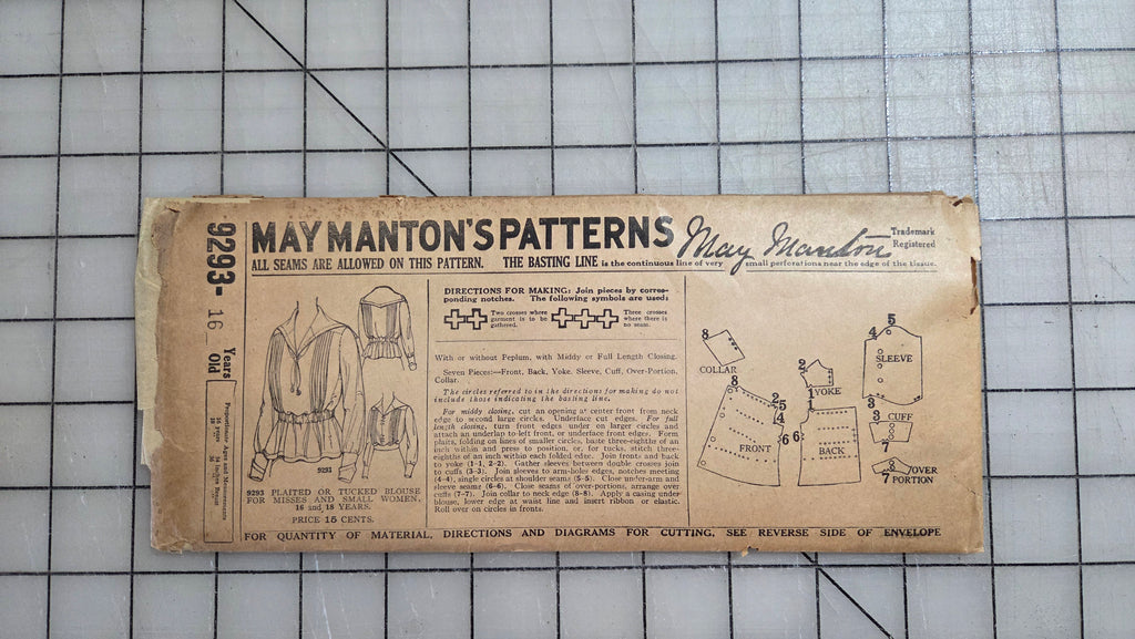 May Manton 9293 Blouse Sewing Pattern Misses 1900's Unprinted