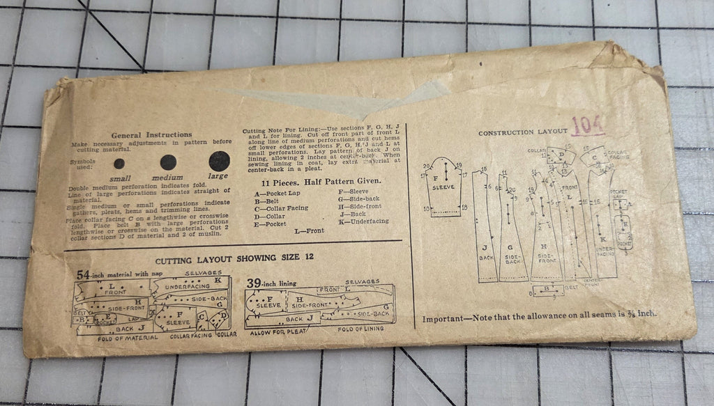 Excella Patterns E3410 Unprinted Girl's Coat Size 10 Sewing 1920s