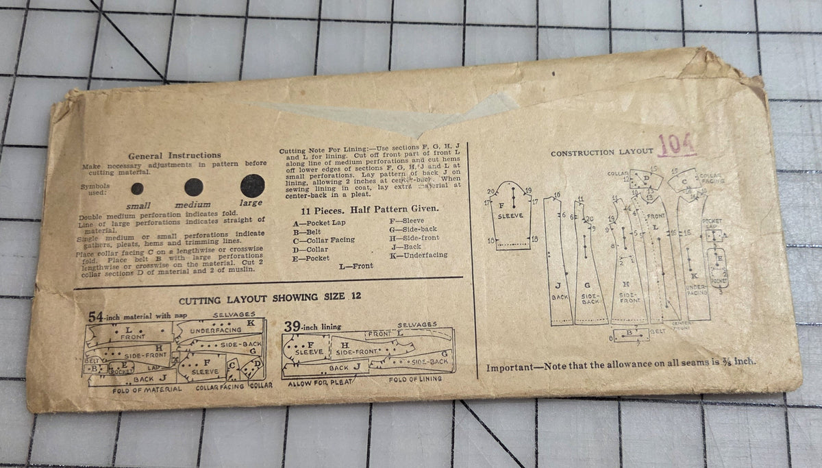 Excella Patterns E3410 Unprinted Girl's Coat Size 10 Sewing 1920s