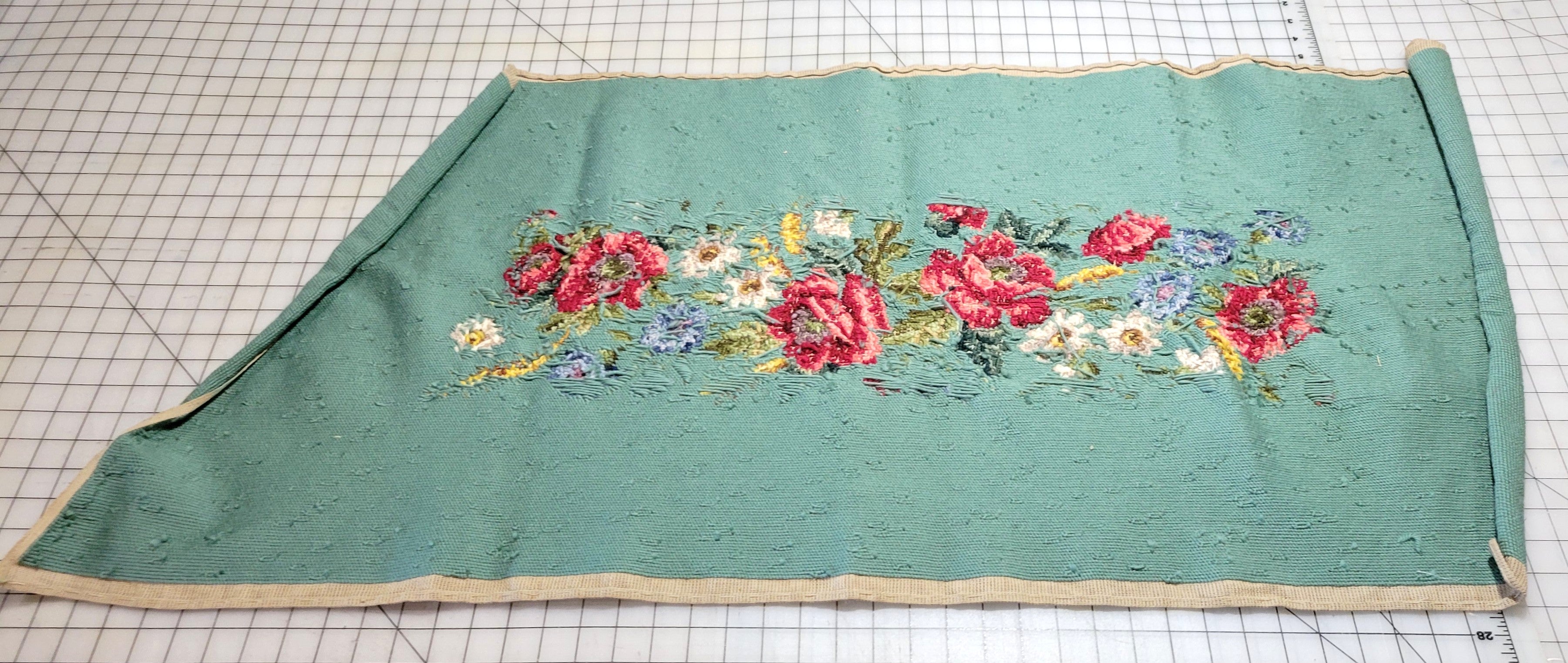 Vintage Textile Needlepoint Seat Cover Unblocked Blue Floral 44"x21.5"