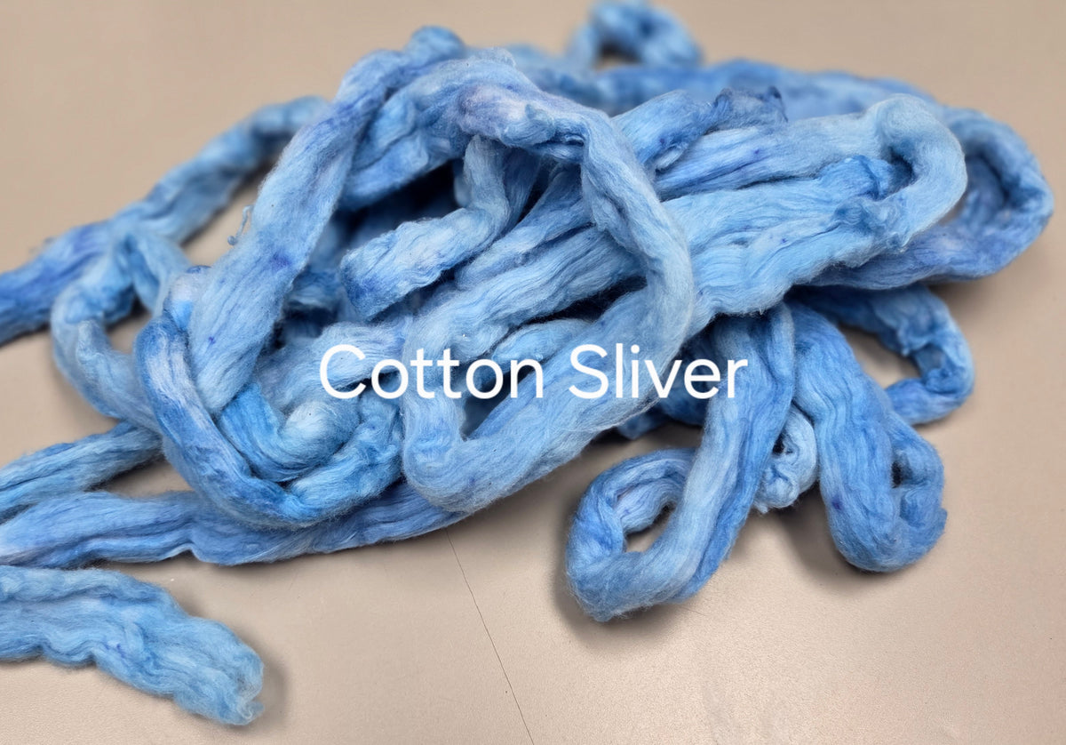 Cotton, 1/2 oz (0.5 ounce) Dyed Conventional Cotton Sliver, Small Batch Studio Dyed (Blue M)
