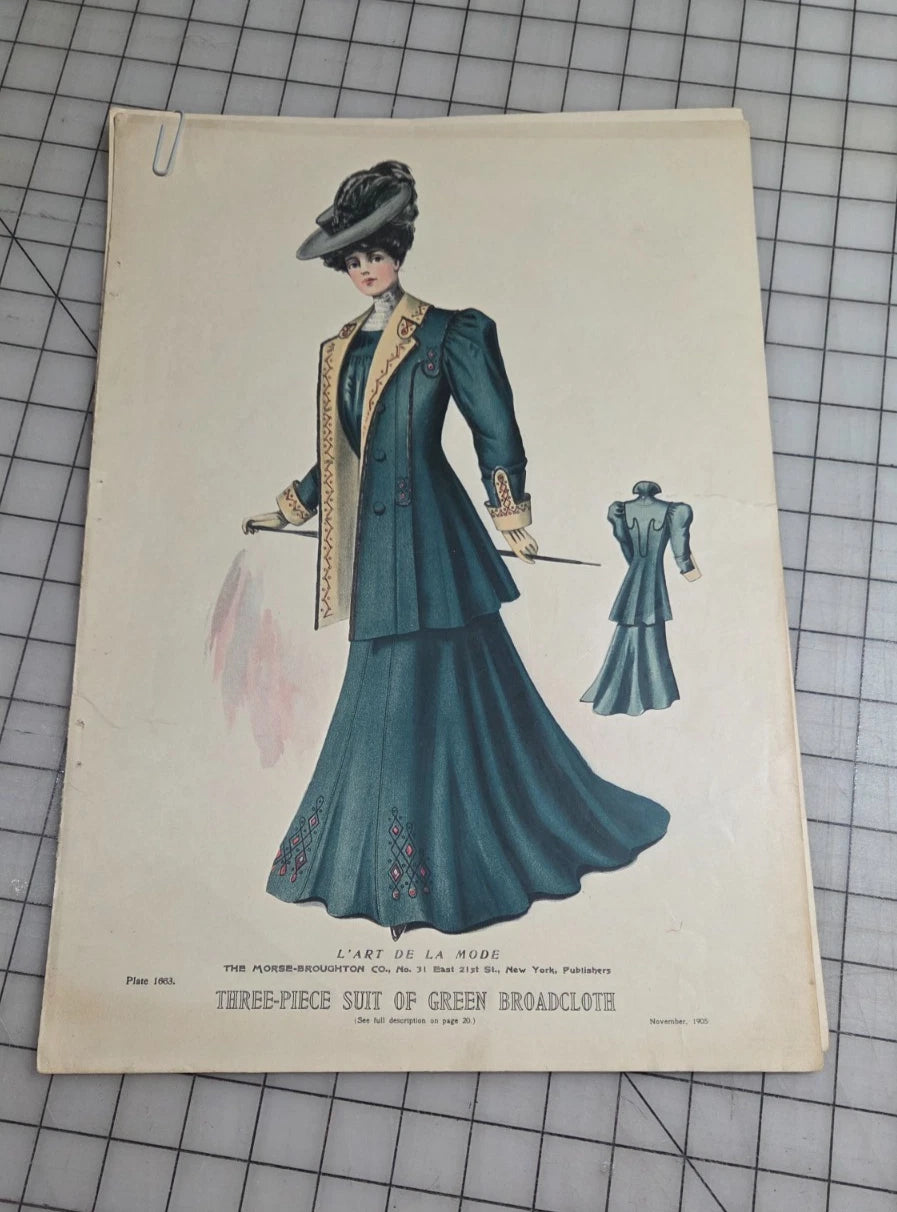 6 Original Antique Color Fashion Plates, L'Art de la Mode November 1905 Catalog