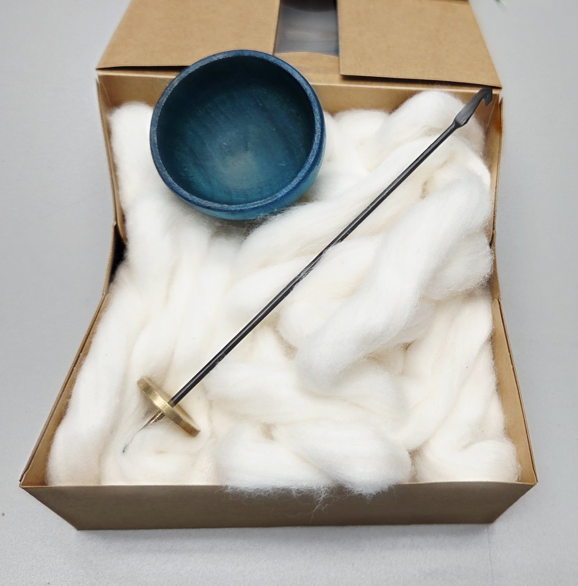 Spin Cotton Fiber Kit. Painted TEAL Wood Support Bowl & Brass Thakli Spindle.