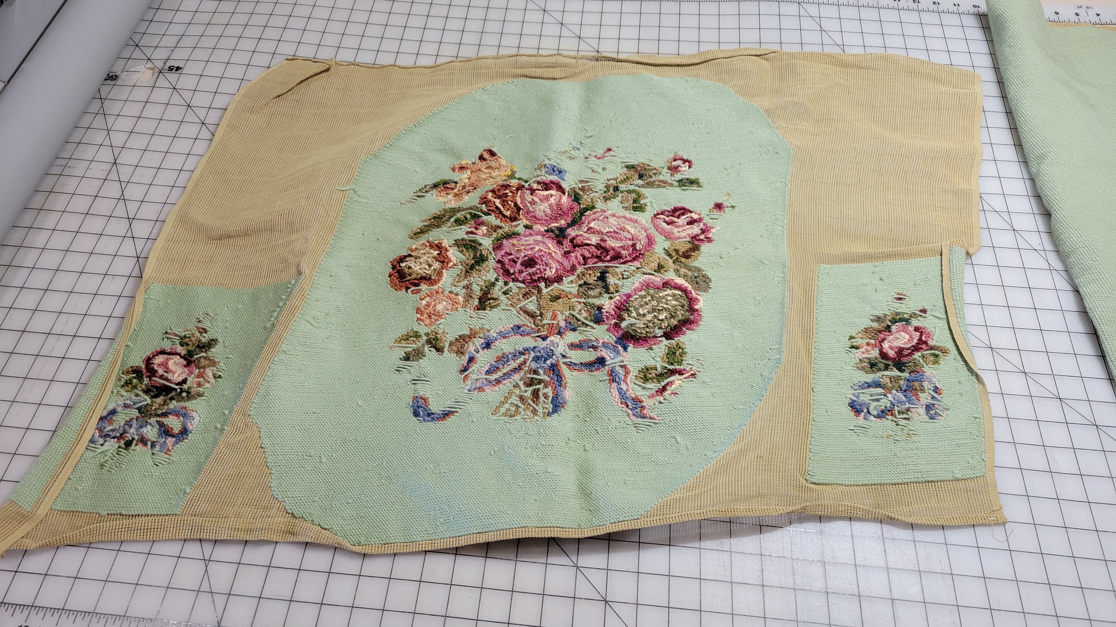 Vintage Textile Needlepoint Seat Cover Set Hand Stitched