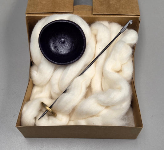 Spin Cotton Fiber Kit. Natural Upland Cotton Sliver. Hand-Painted Wood Support Bowl and Brass Tahkli Spindle. SK3 Dark Purple