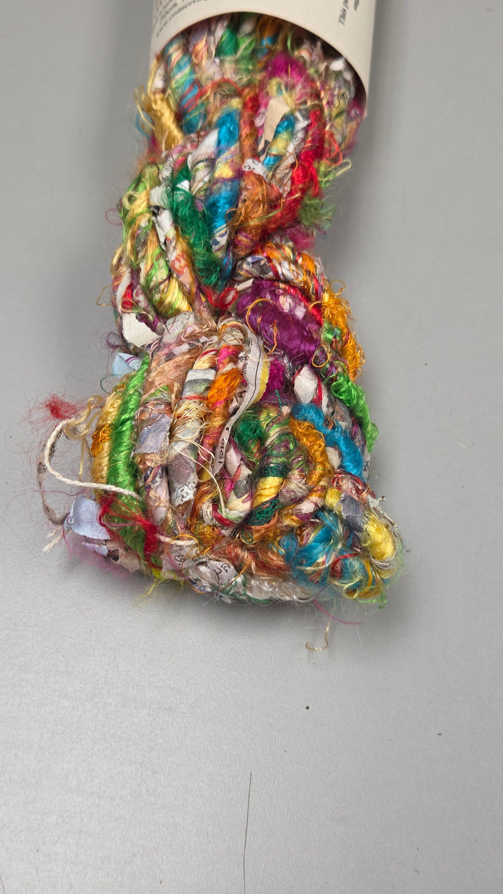 Rainbow Silk and Reclaimed Paper Yarn Skein. Approx. 15 Yards , Newspaper