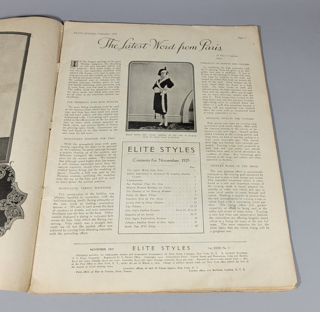 Elite Styles 1925 November Fashion for Dressmakers, Ladies Tailors and the Fashion Loving-Public