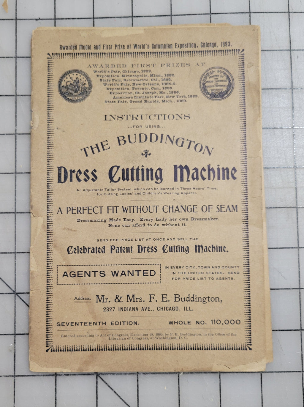 Buddington Dress Cutting Machine Seventh Edition, 1893 Original