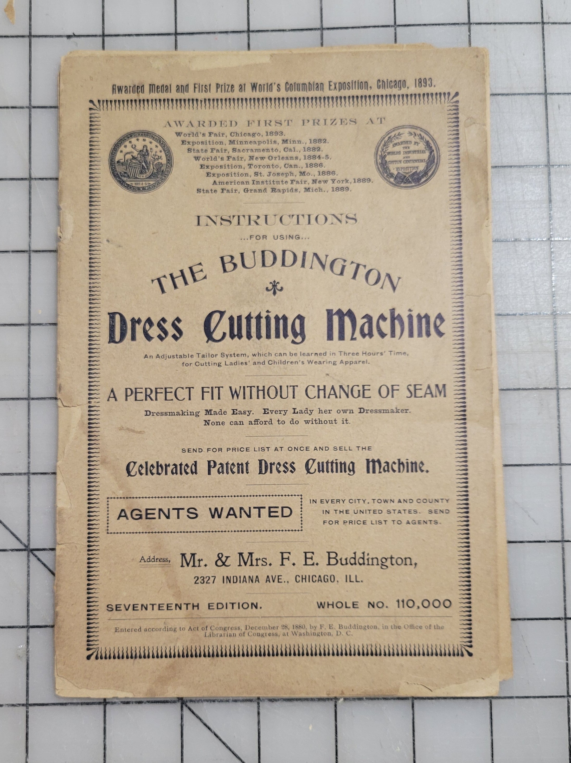 Buddington Dress Cutting Machine Seventh Edition, 1893 Original