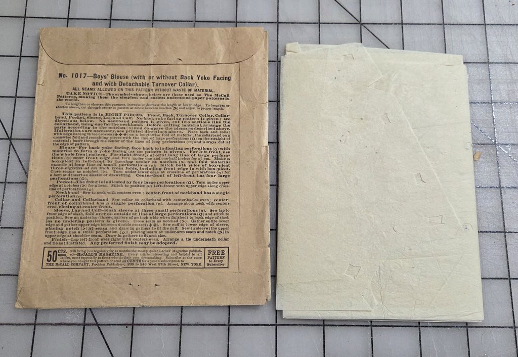 McCall's 1017 Pattern, ca 1900's Boy's Blouse 8 Year Old. Unprinted Factory Fold
