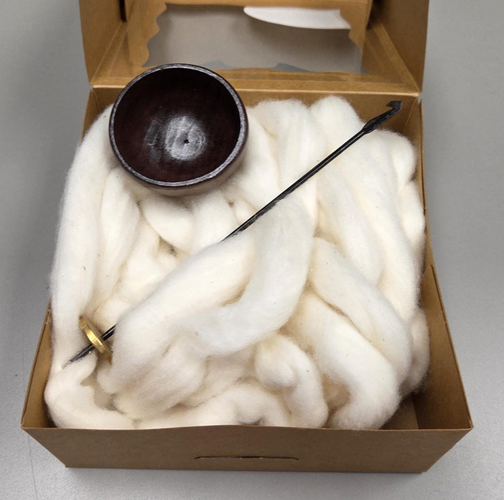 Spin Cotton Fiber Kit. Natural Upland Cotton Sliver. Hand-Painted Wood Support Bowl and Brass Tahkli Spindle. Brown