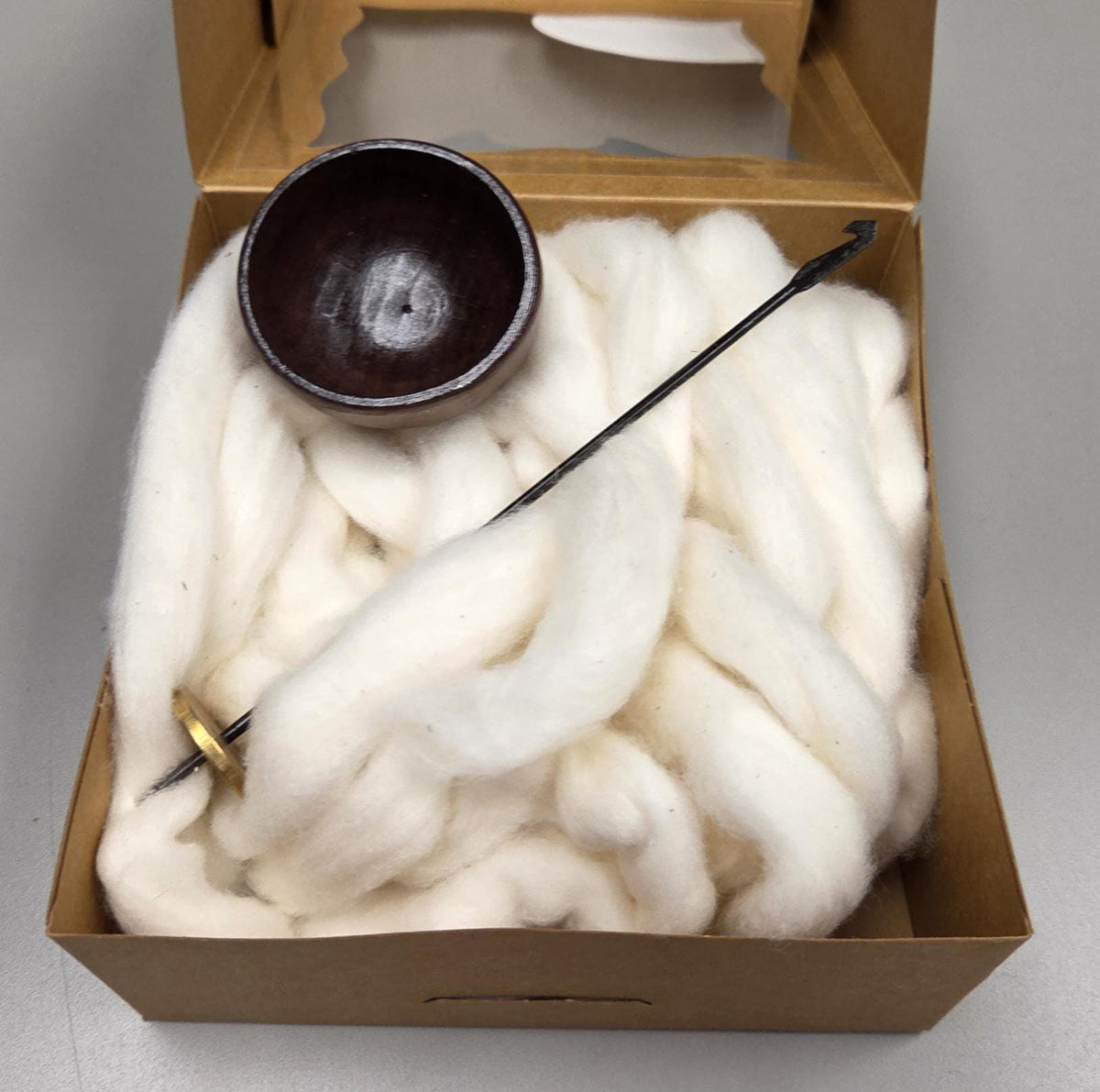 Spin Cotton Fiber Kit. Natural Upland Cotton Sliver. Hand-Painted Wood Support Bowl and Brass Tahkli Spindle. Brown