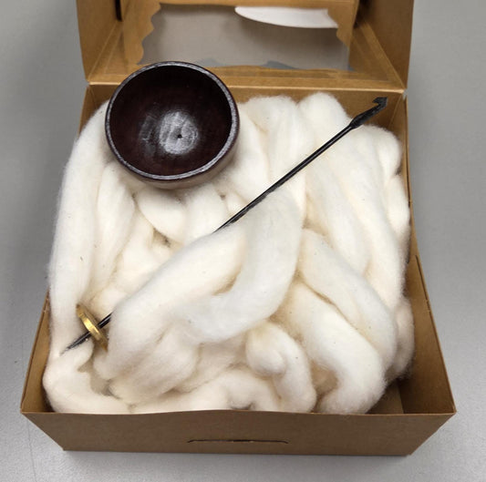 Spin Cotton Fiber Kit. Natural Upland Cotton Sliver. Hand-Painted Wood Support Bowl and Brass Tahkli Spindle. Brown