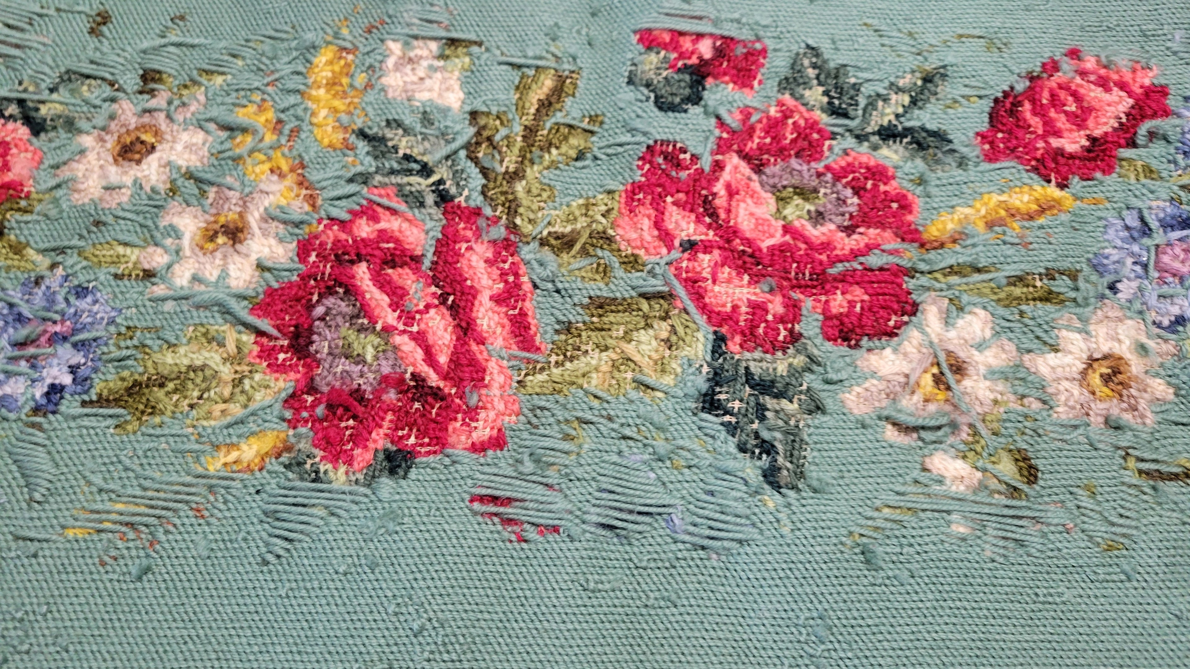 Vintage Textile Needlepoint Seat Cover Unblocked Blue Floral 44"x21.5"