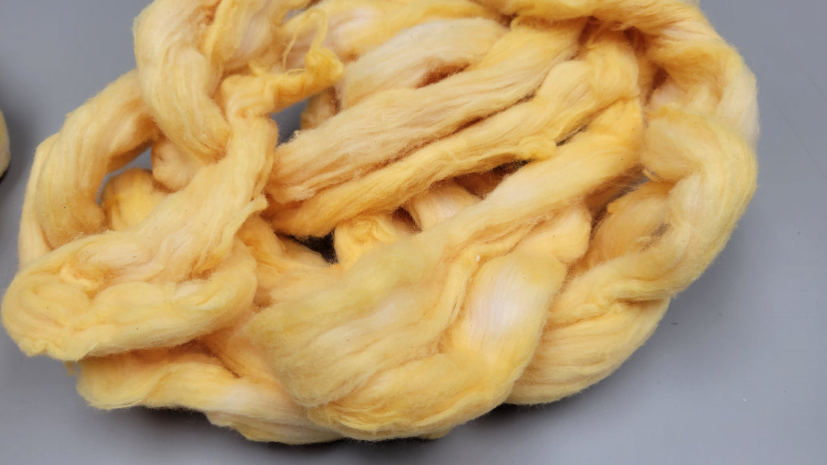 Cotton, 1/2 oz (0.5 ounce) Dyed Conventional Cotton Sliver, Small Batch Studio Dyed (Yellow 7-25)