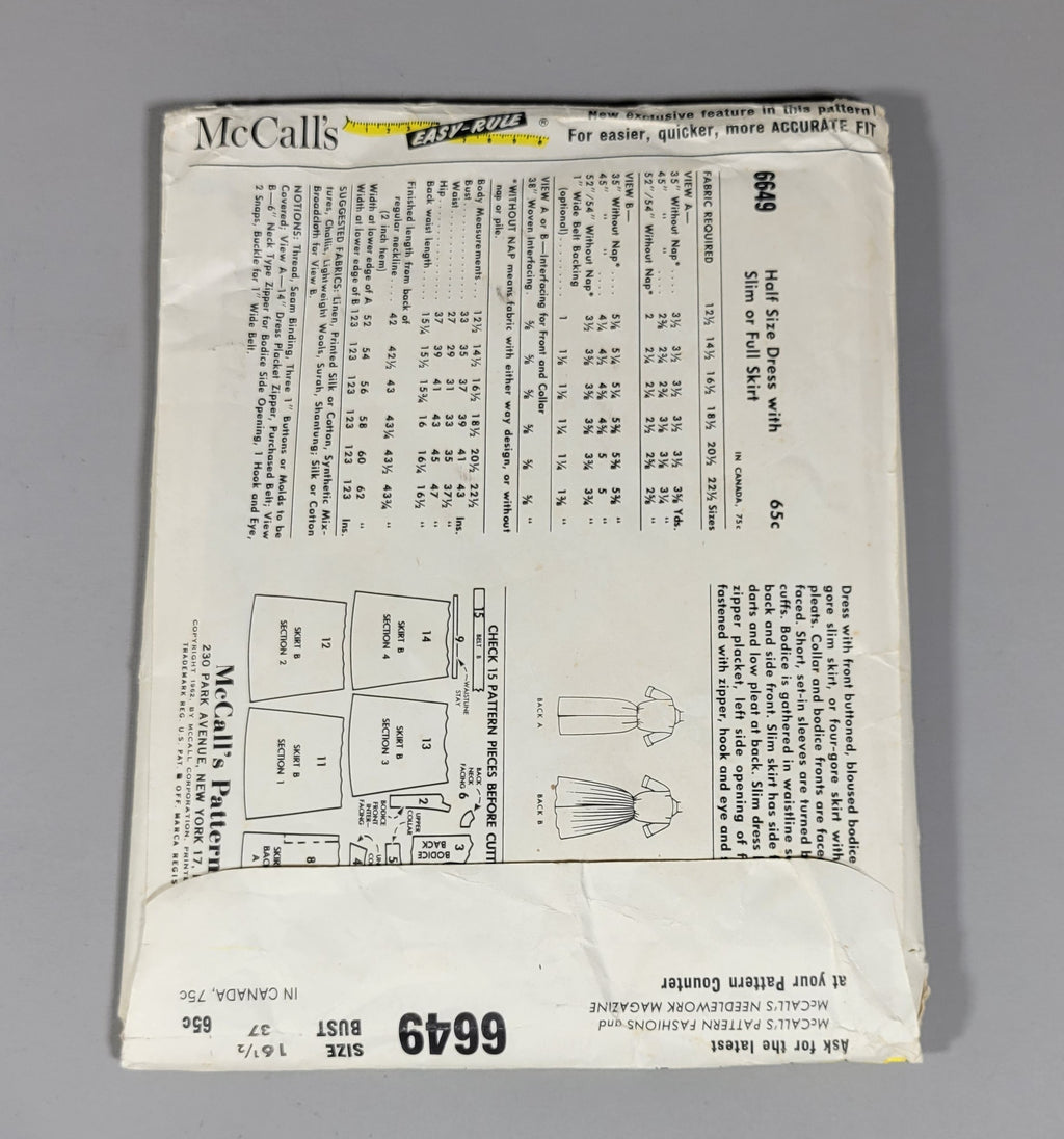 McCall's 6649 Printed Pattern. Size 16 1/2, Bust 37. ca 1962.