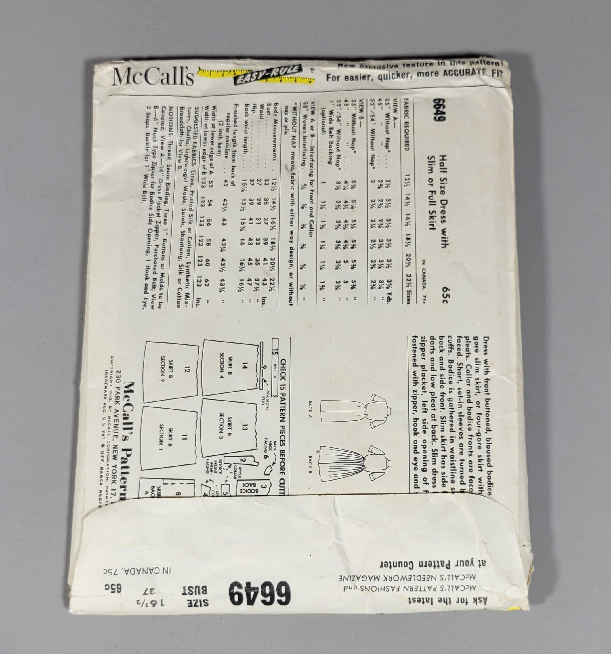 McCall's 6649 Printed Pattern. Size 16 1/2, Bust 37. ca 1962.
