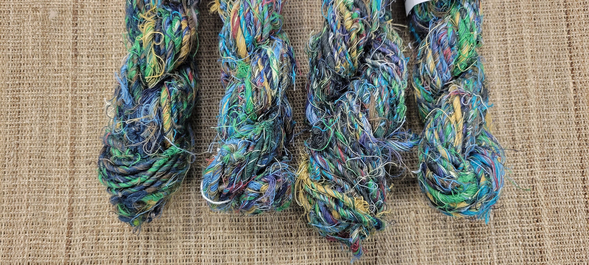 Linen Reclaimed Yarn. Skein Bundle. Set 4 Skeins. Hand-Spun Fibers Upcycled. Art Yarn