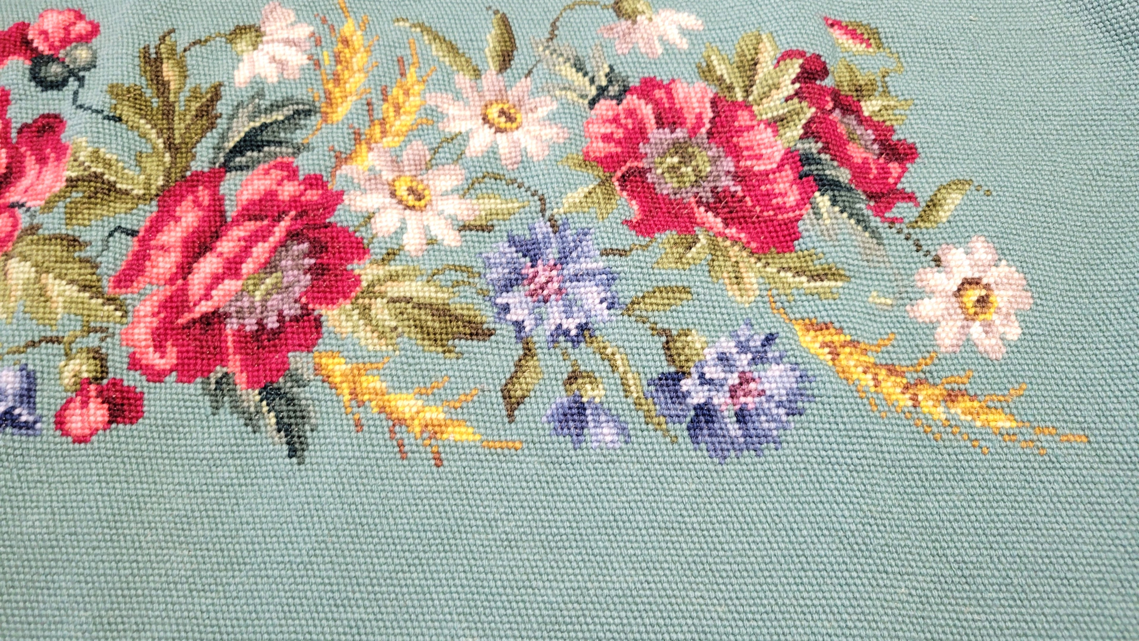Vintage Textile Needlepoint Seat Cover Unblocked Blue Floral 44"x21.5"
