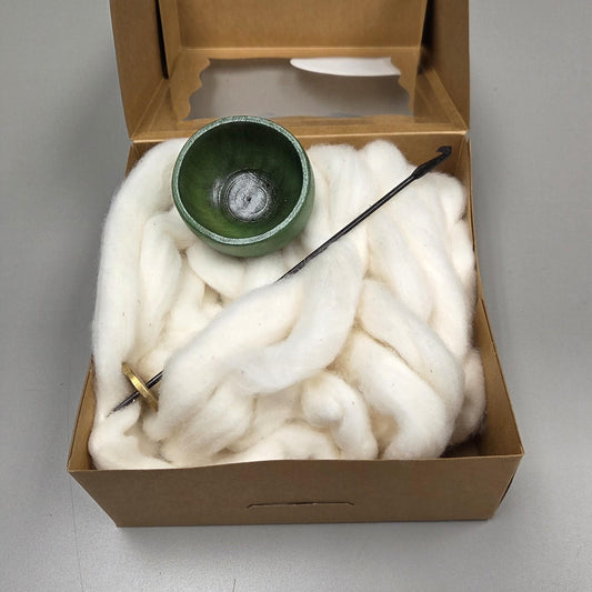 Spin Cotton Fiber Kit. Natural Upland Cotton Sliver. Hand-Painted Wood Support Bowl and Brass Tahkli Spindle. Green