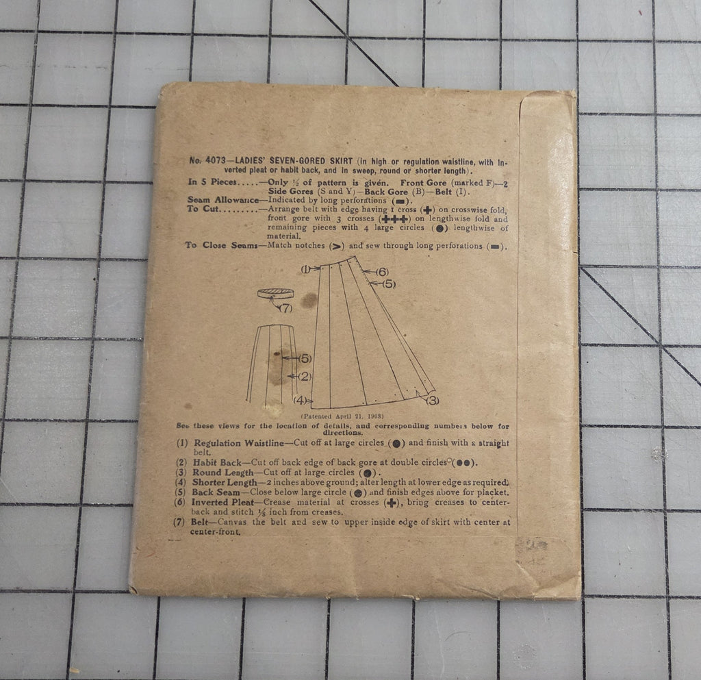 McCall's 4073 Pattern, ca 1900's Ladies Seven-Gored Skirt Unprinted Waist 42