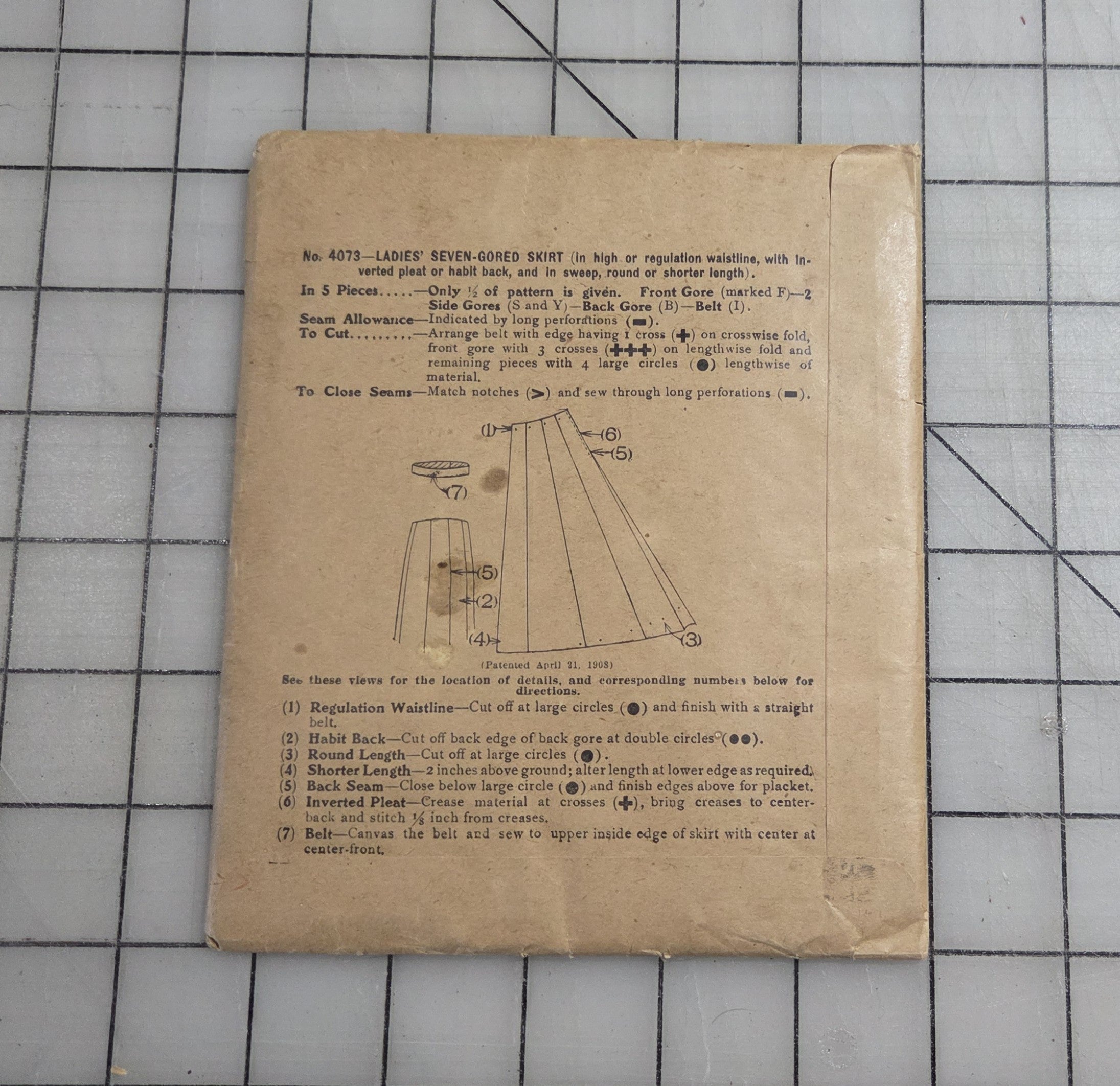 McCall's 4073 Pattern, ca 1900's Ladies Seven-Gored Skirt Unprinted Waist 42