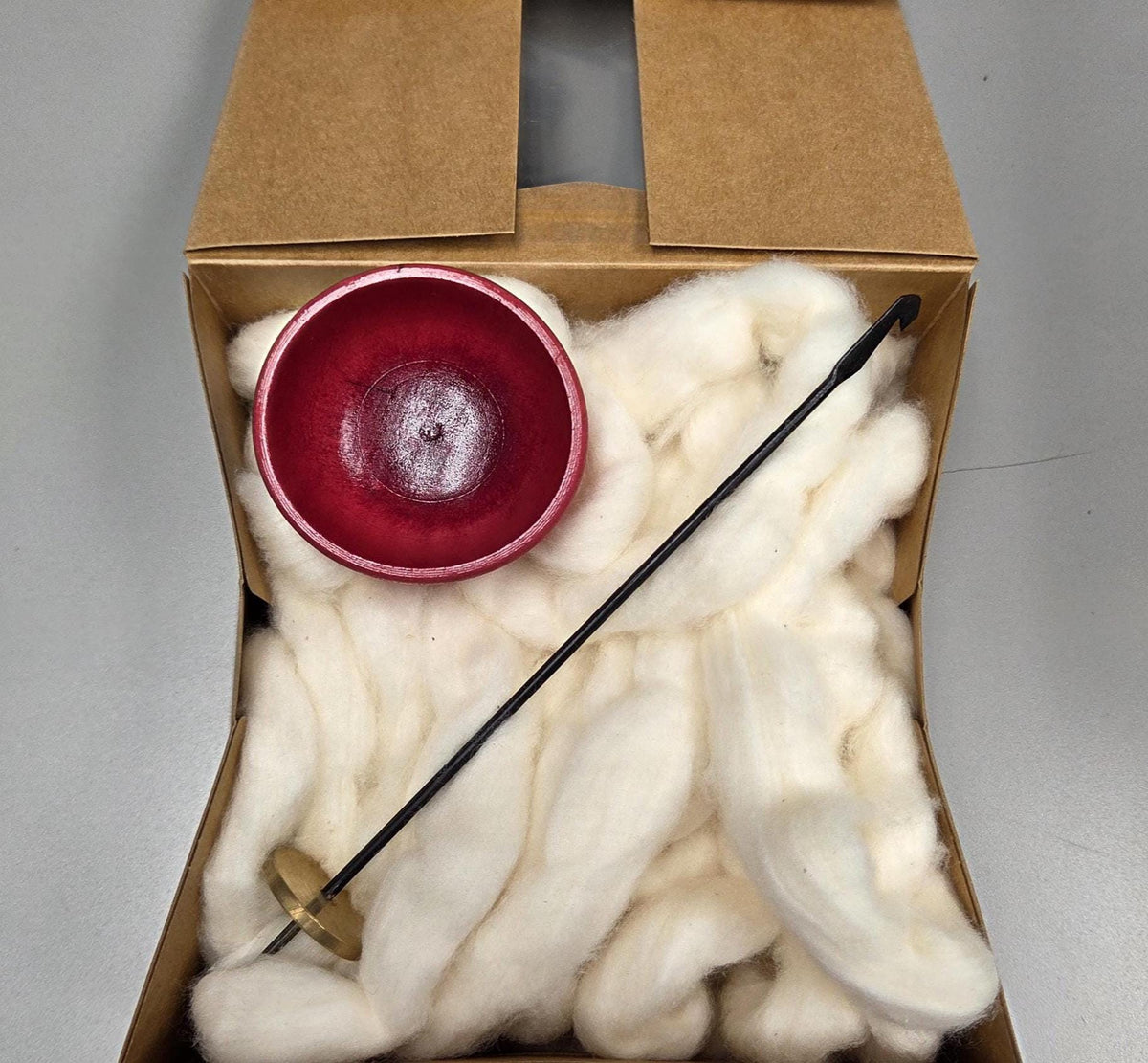 Spin Cotton Fiber Kit. Painted Wood Support Bowl & Brass Thakli Spindle. Red