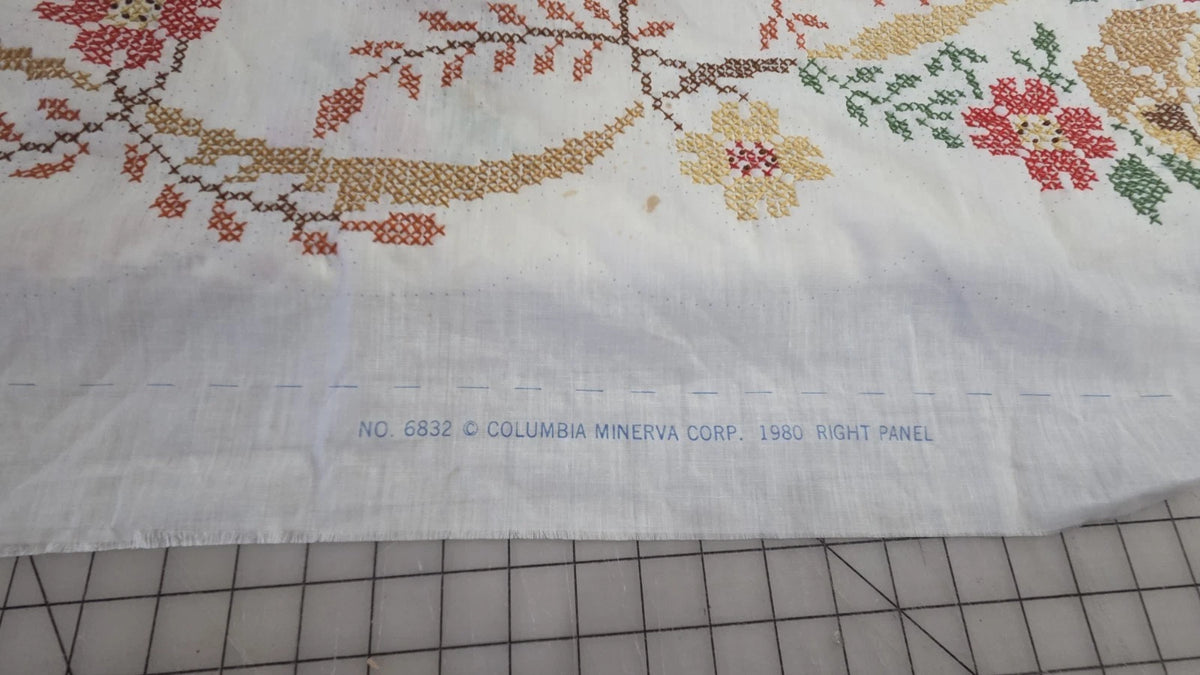 Unfinished Cross Stitched Panel 1980 Columbia Minerva Corp. Floral Vine No. 6832