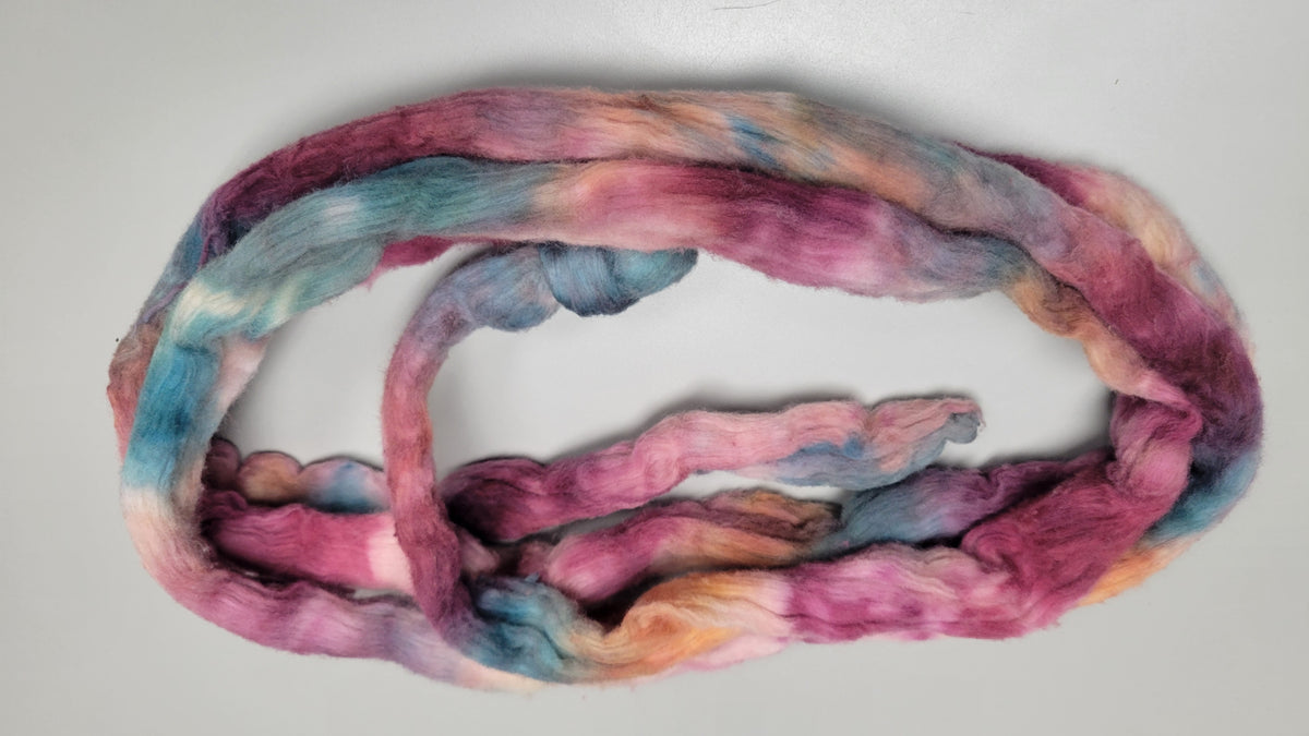 Cotton, 1/2 oz (0.5 ounce) Dyed Conventional Cotton Sliver, Small Batch Studio Dyed (Pink Green 7-25)