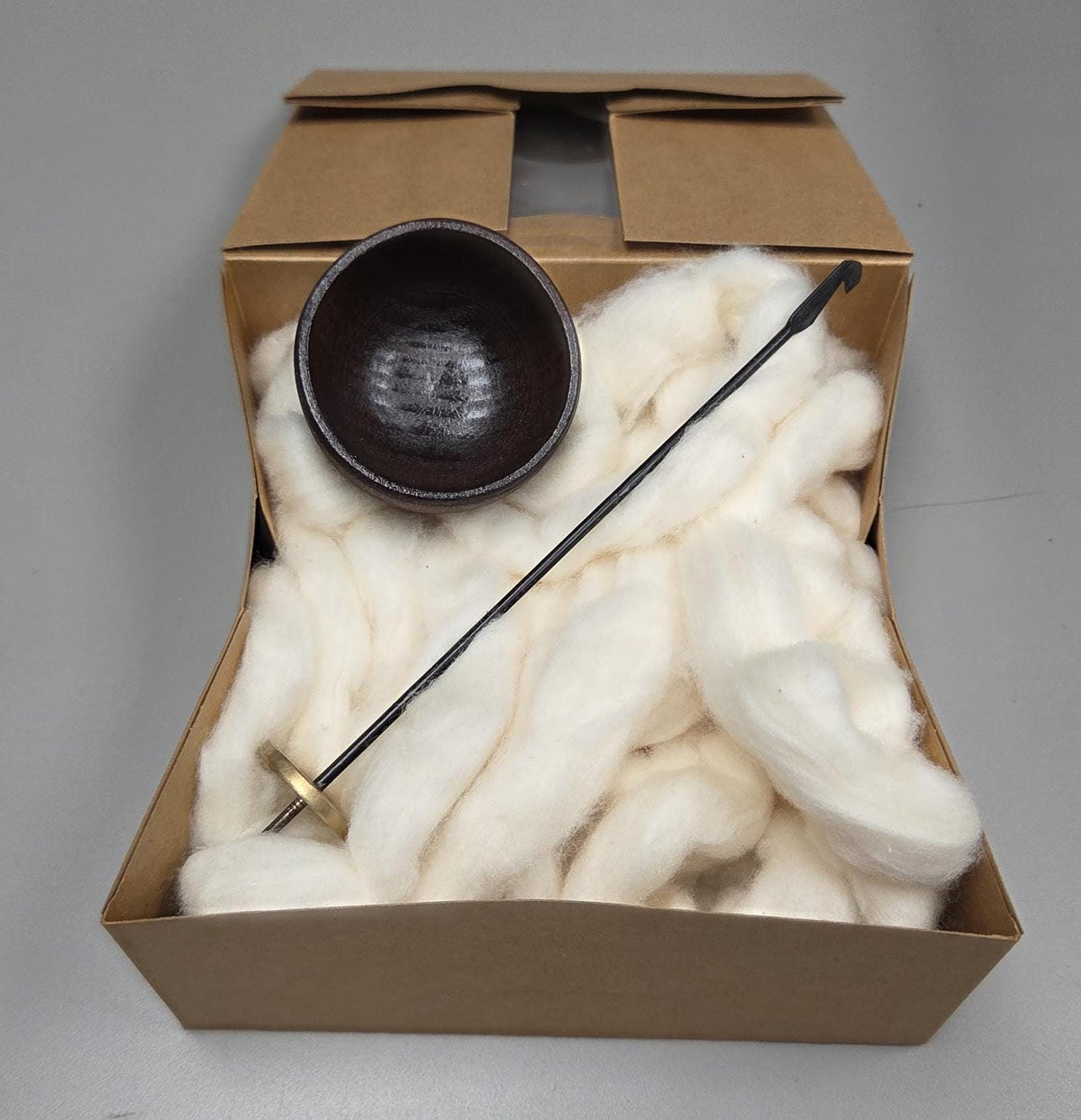 Spin Cotton Fiber Kit. Painted Wood Support Bowl & Brass Thakli Spindle. Brown