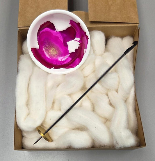 Cotton Fiber Kit. Natural Upland Cotton. Hand-Painted Porcelain Support Bowl and Brass Tahkli Spindle. (SK51)