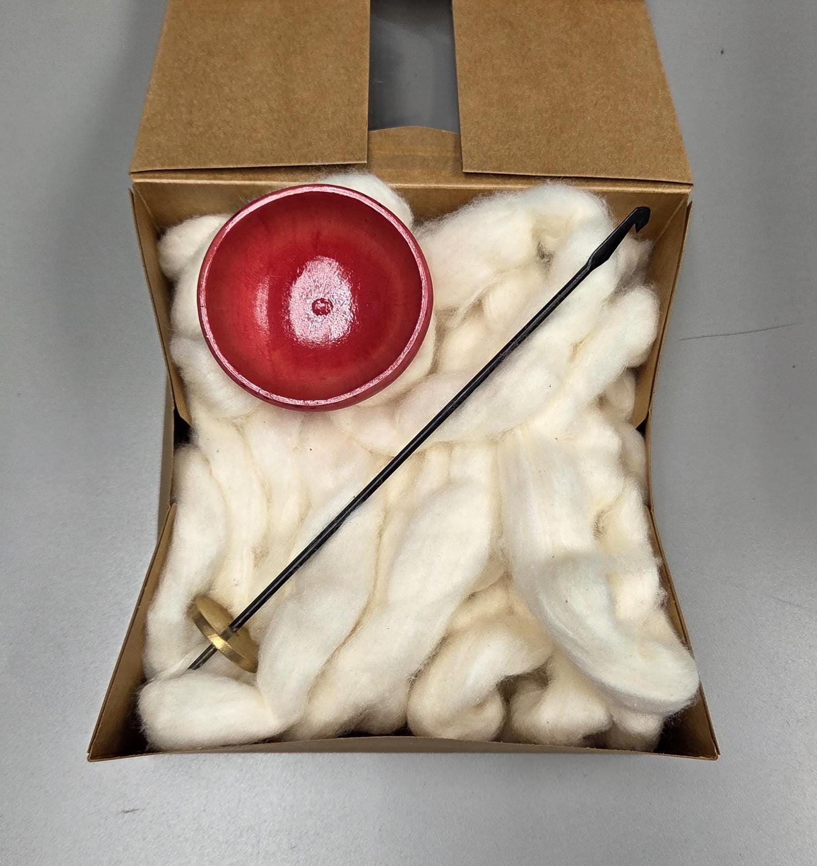 Spin Cotton Fiber Kit. Painted Wood Support Bowl & Brass Thakli Spindle. Pink Red (Salmon)