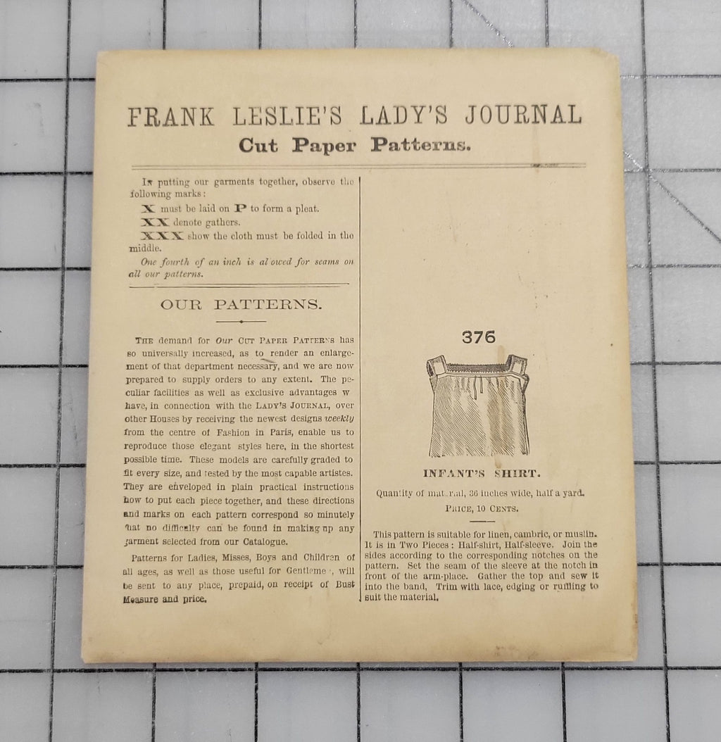 Frank Leslie's Lady's Cut Paper Pattern #376 1870s Infant Shirt